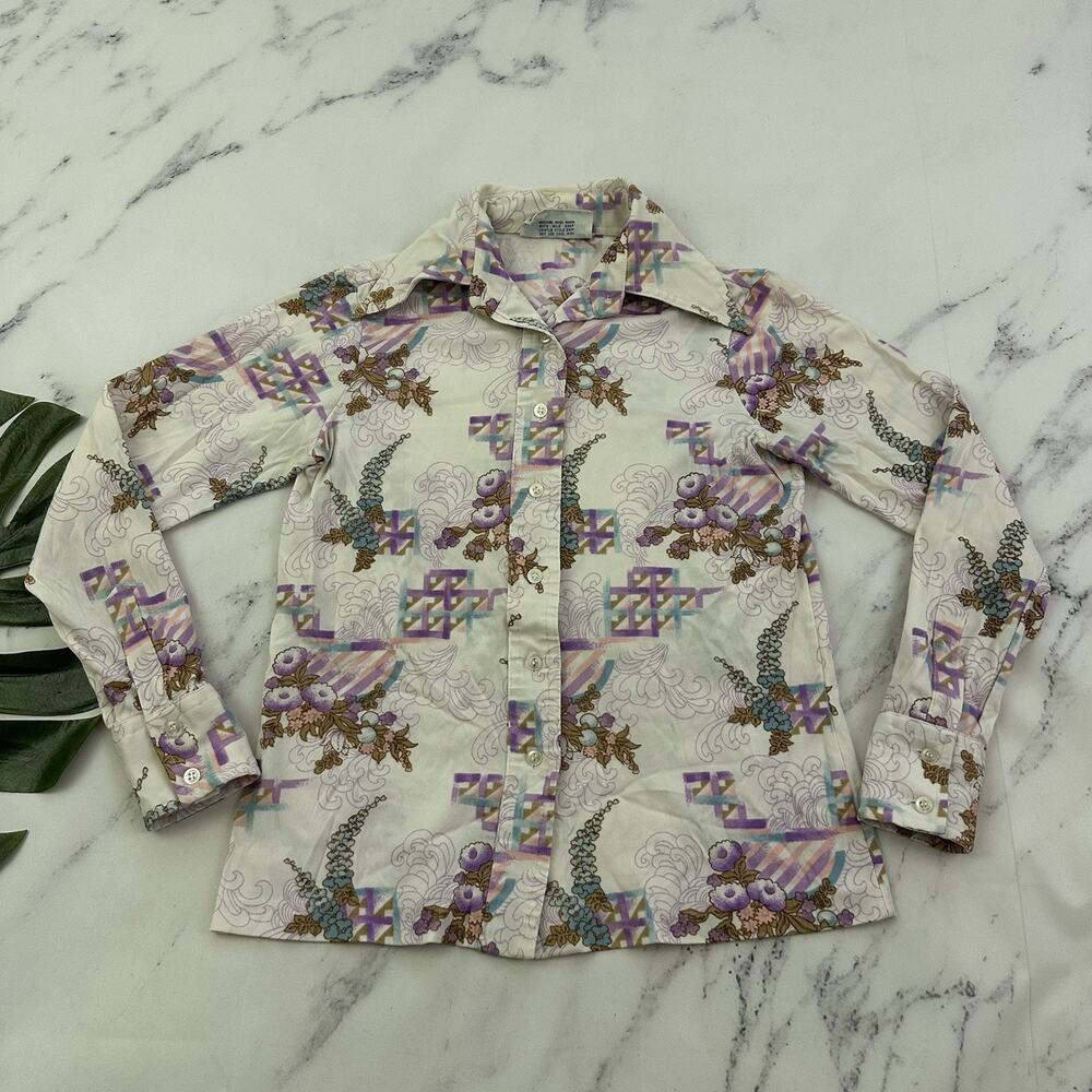Sweet Potato Womens Vintage 80s Blouse Top Size M White Purple Floral Button Up